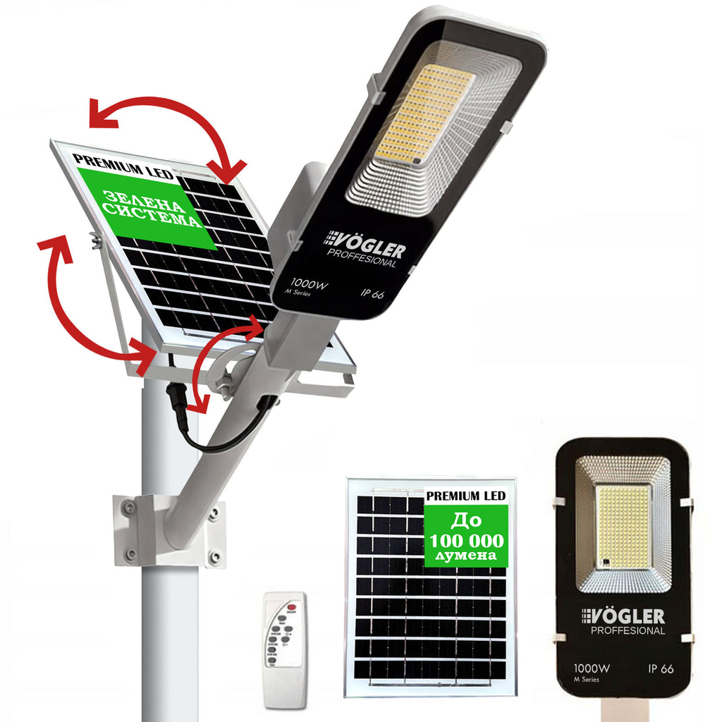 Мощна соларна лампа, сензор за здрач, дистанционно управление, Vögler Professional 1000W