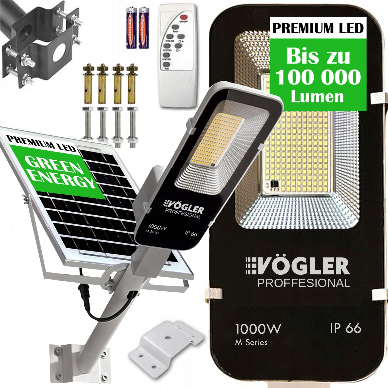 Мощна соларна лампа, сензор за здрач, дистанционно управление, Vögler Professional 1000W