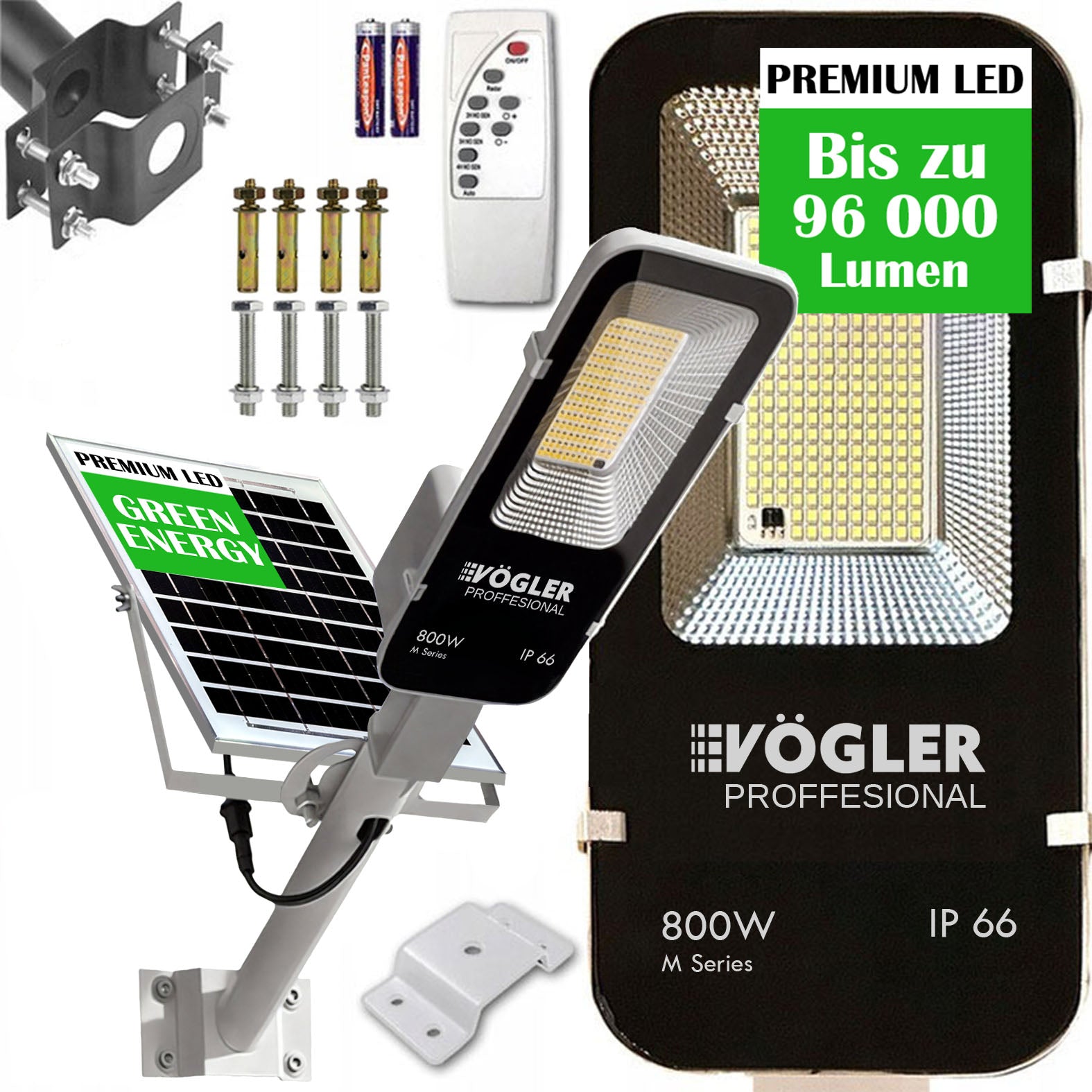 Мощна соларна лампа, сензор за здрач, дистанционно управление, Vögler Professional 800W