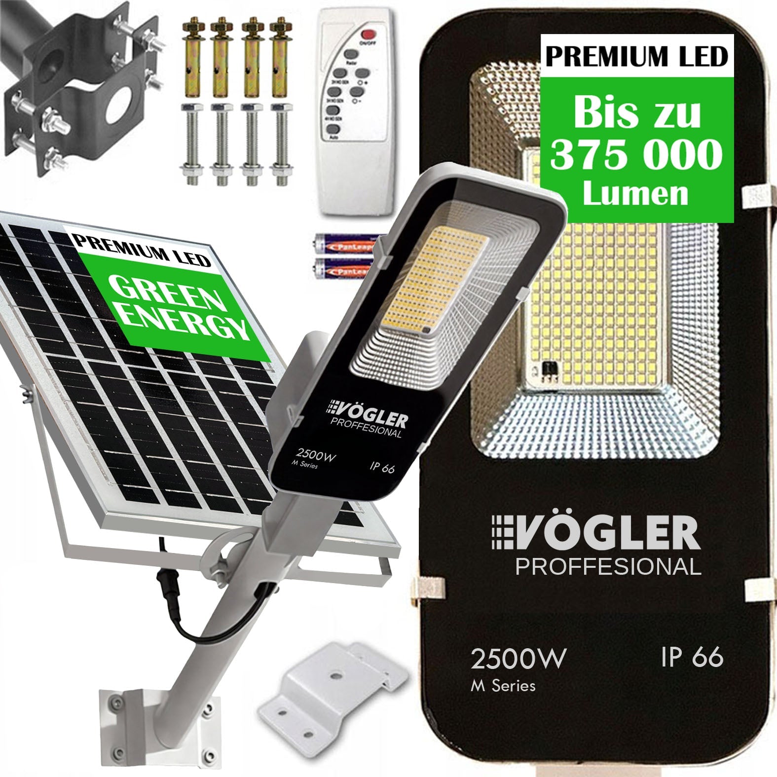 Мощна соларна лампа, сензор за здрач, дистанционно управление, Vögler Professional 2500W