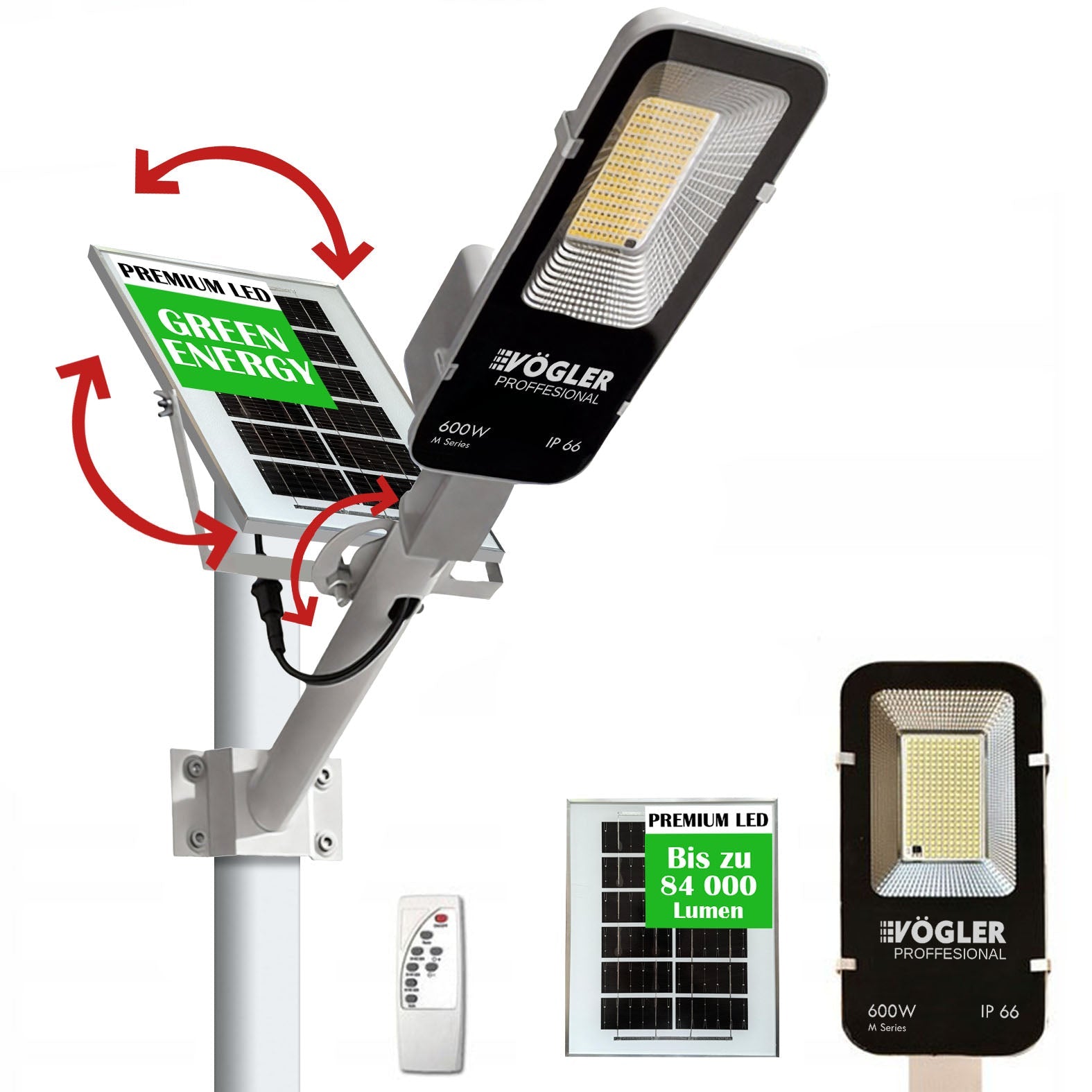 Мощна соларна лампа, сензор за здрач, дистанционно управление, Vögler Professional 600W