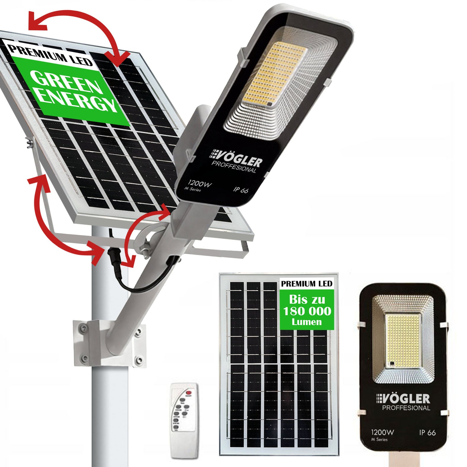 Мощна соларна лампа, сензор за здрач, дистанционно управление, Vögler Professional 1200W