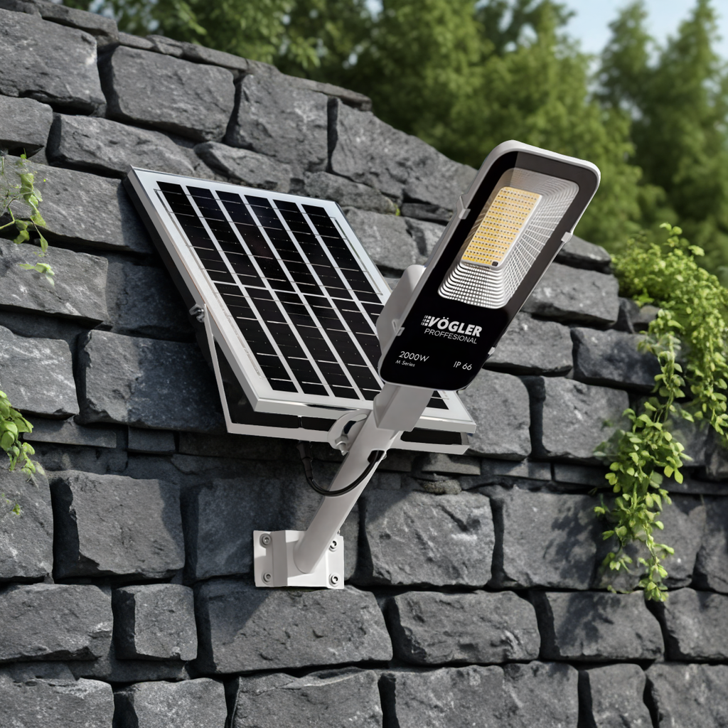 Мощна соларна лампа, сензор за здрач, дистанционно управление, Vögler Professional 2000W