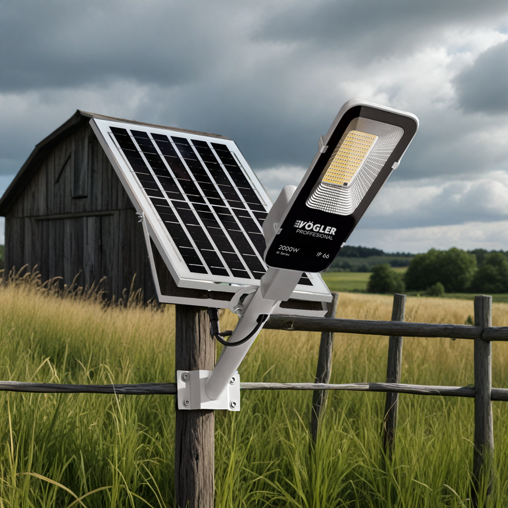 Мощна соларна лампа, сензор за здрач, дистанционно управление, Vögler Professional 2000W