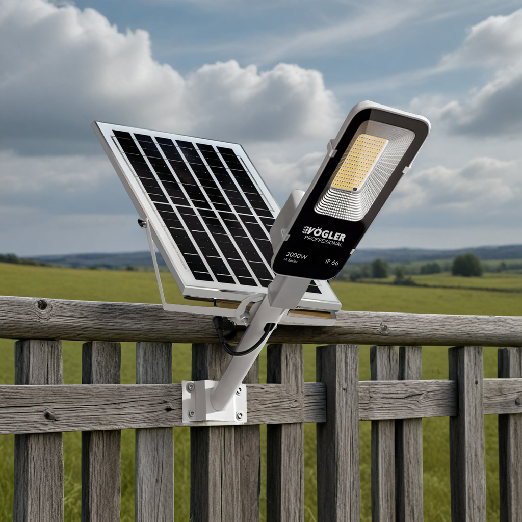 Мощна соларна лампа, сензор за здрач, дистанционно управление, Vögler Professional 2000W