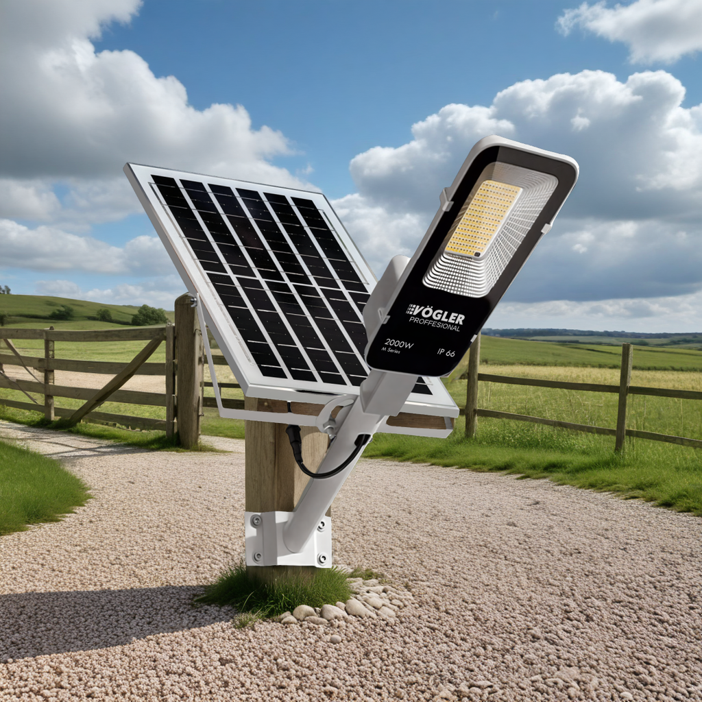Мощна соларна лампа, сензор за здрач, дистанционно управление, Vögler Professional 2000W