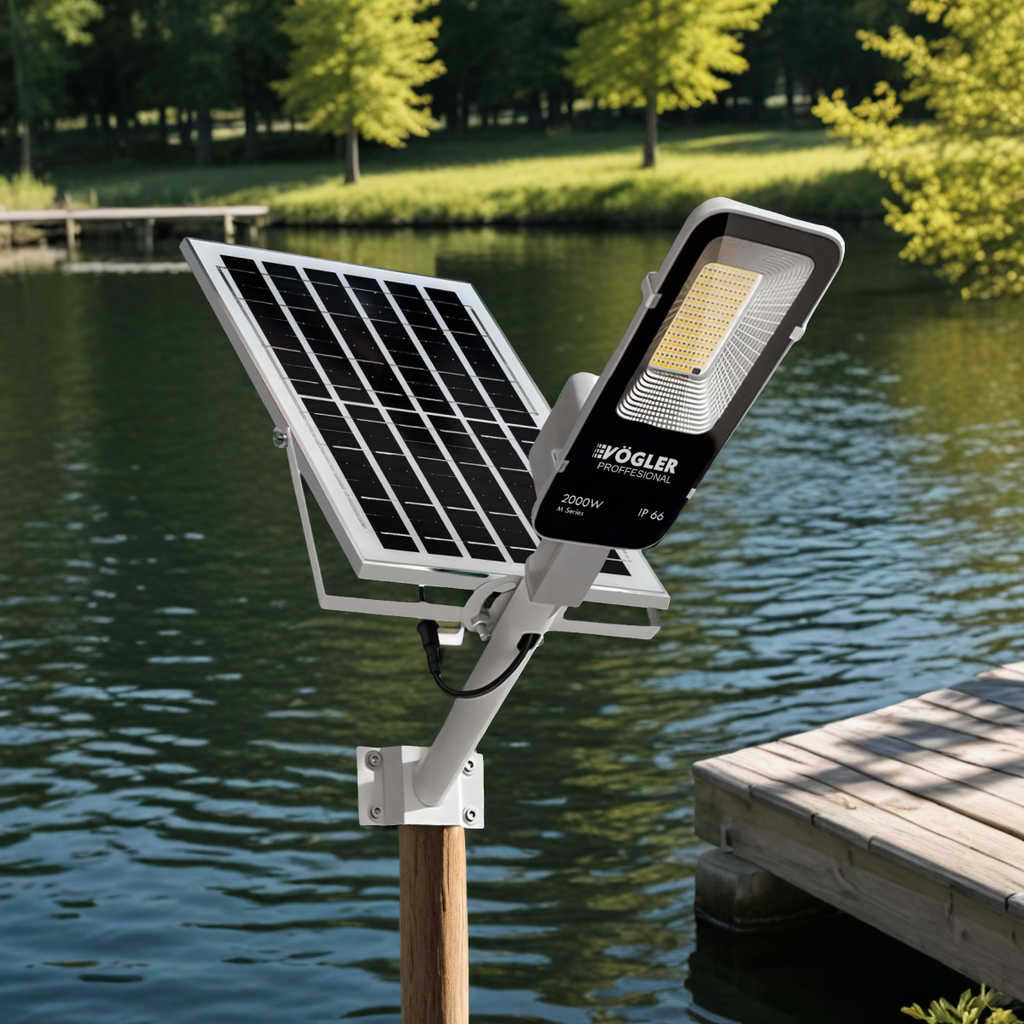 Мощна соларна лампа, сензор за здрач, дистанционно управление, Vögler Professional 2000W
